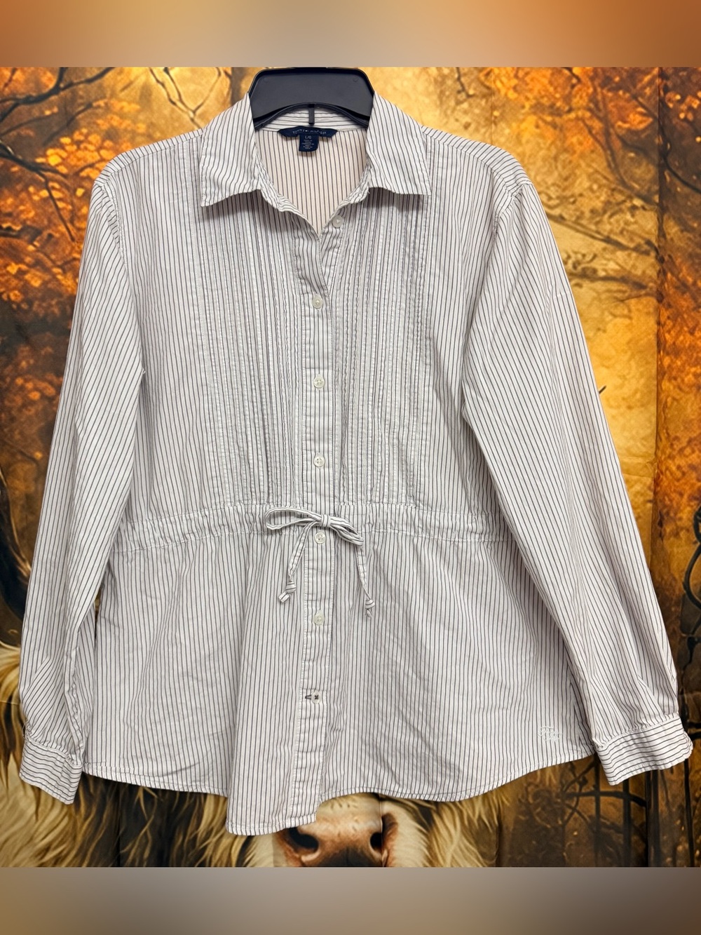 Tommy Hilfiger White and Gray Striped Button-Front Drawstring Shirt